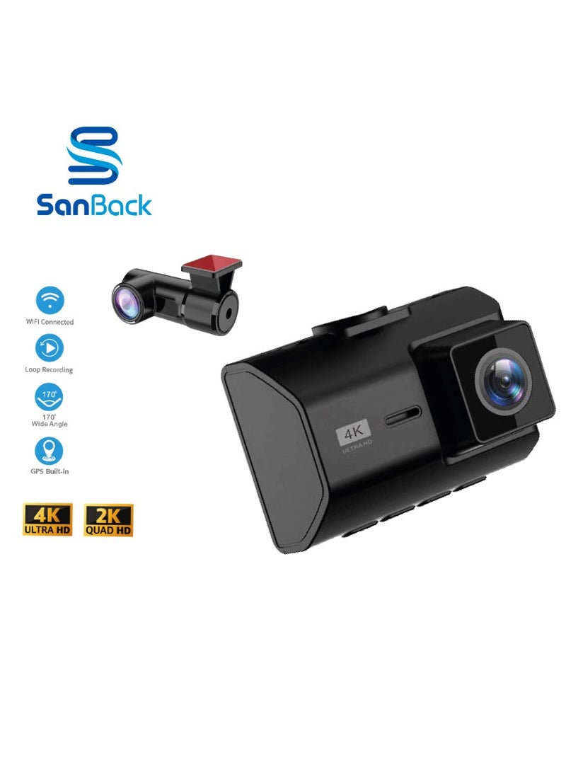 سان باك كاميرا سيارة واي فاي داش كام M500 للرؤية الأمامية 4K والخلفية 2K بدقة عالية  - Image 3