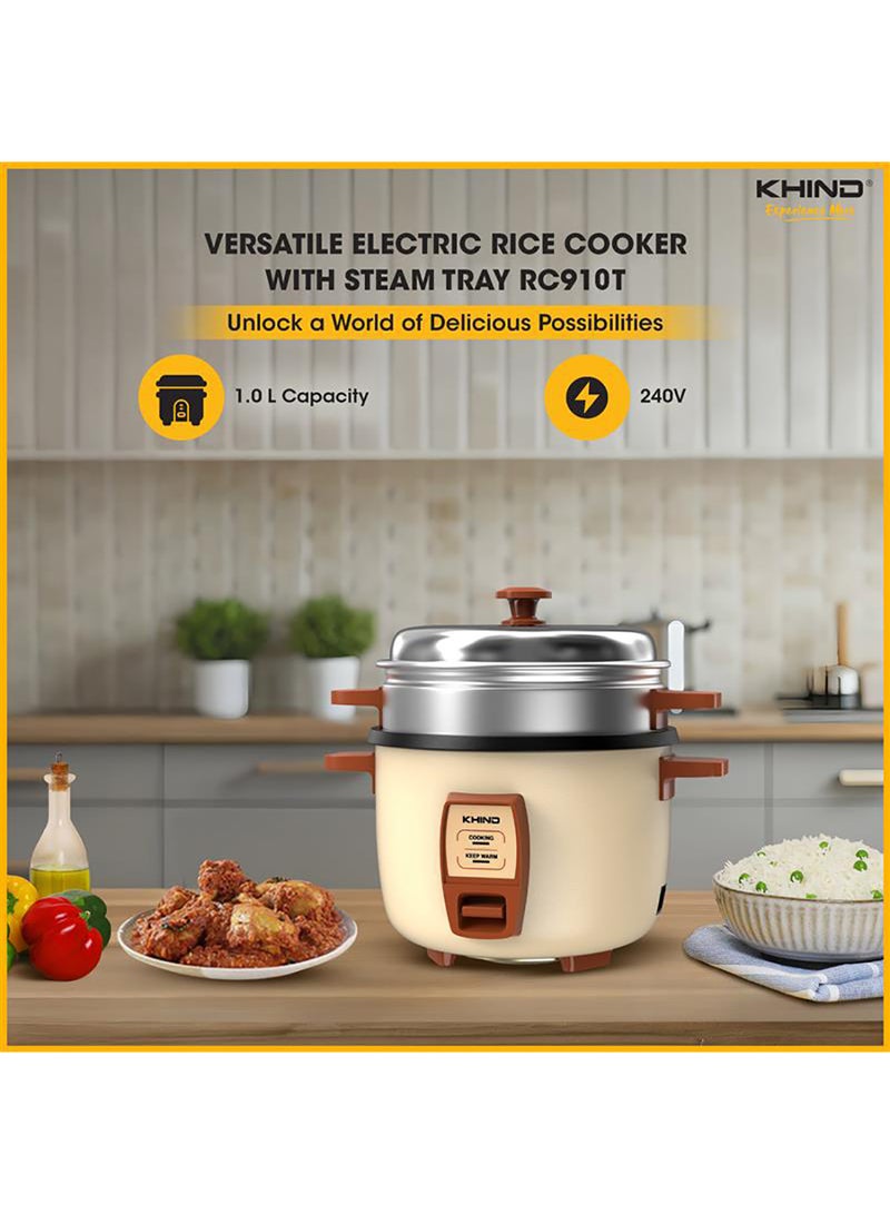 KHIND 1 L Rice Cooker with Teflon Coated Aluminium Pot, Electric Rice Cooker For Cooking , Stainless Steel and Compact Design, Perfectly Cooked Meals Every Time 1 L 365 W RC910T Cream Magnolia  - Image 2