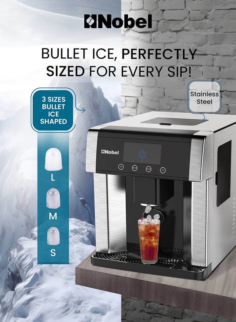 Nobel - Ice Maker High-Capacity: 10-15 kg/24h Production, 600 g Ice Bin, 1.8 L Cold Water Tank, Automatic Dispensing, LCD Display, and Three Adjustable Ice Sizes for Ultimate Convenience 1.8 L 150 W NIM31 Silver - Image 1