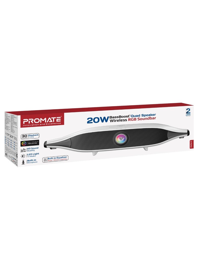 PROMATE - Promate Bluetooth Speaker with 20W HD Stereo Sound, Dual Bass and Treble Drivers, 3 EQ Modes, True Wireless Connection, 12 RGB Modes, 6400mAh Battery, USB Flash Support White - Image 1