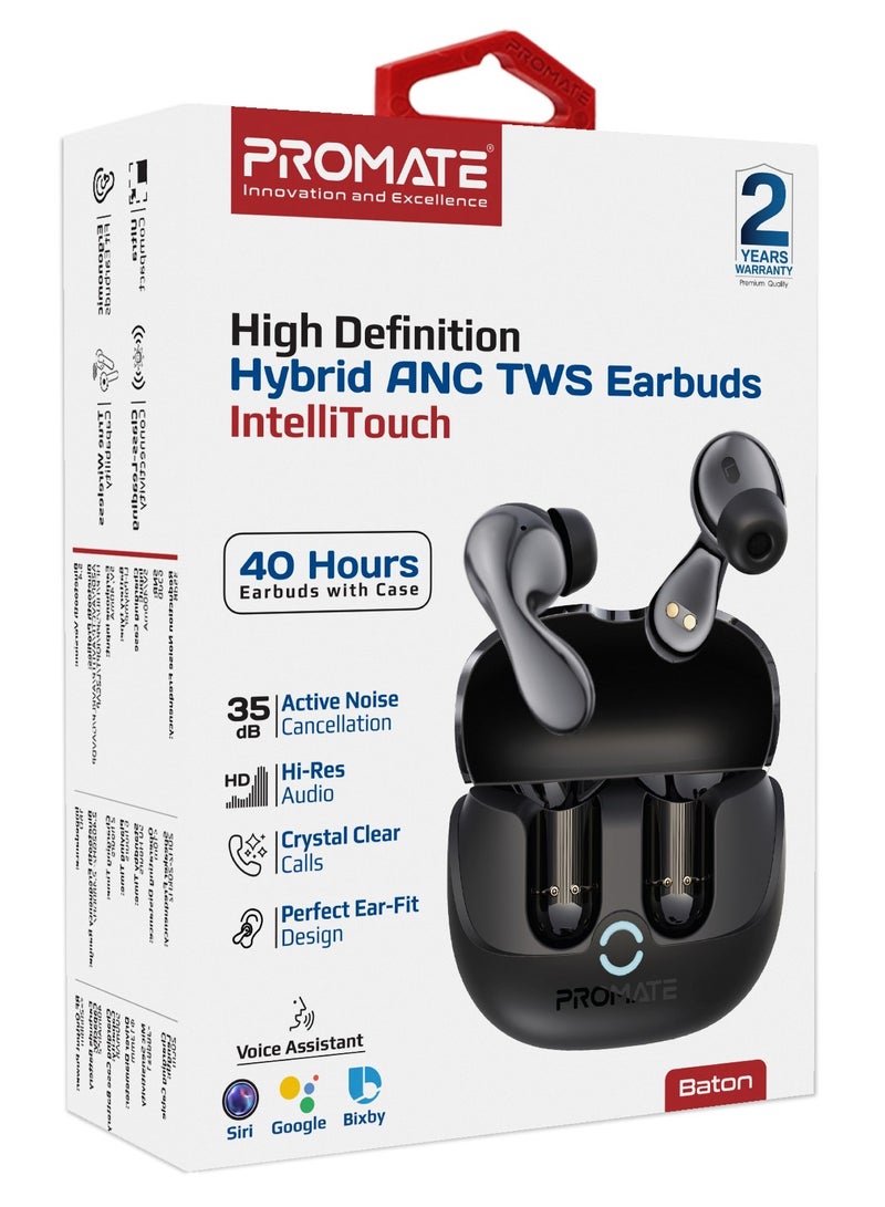 Promate True Wireless Earbuds with Active Noise Cancellation (ANC) and Environmental Noise Cancellation (ENC), Bluetooth 5.4, and 40Hrs Playtime Black