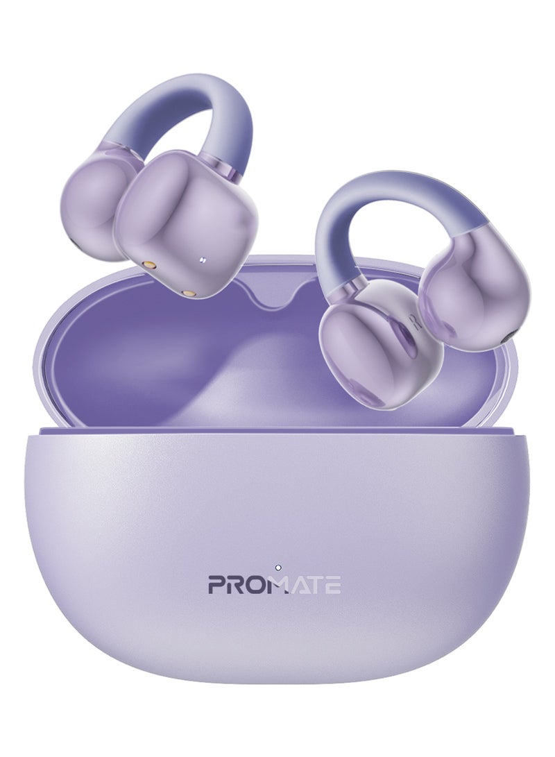 PROMATE Promate True Wireless Earbuds with OWS Technology, Touch Control, Ergonomic Open-Ear Clip Design, 28-Hour Playtime, 500mAh Charging Case, IPX4 Water-Resistance Purple  - Image 1