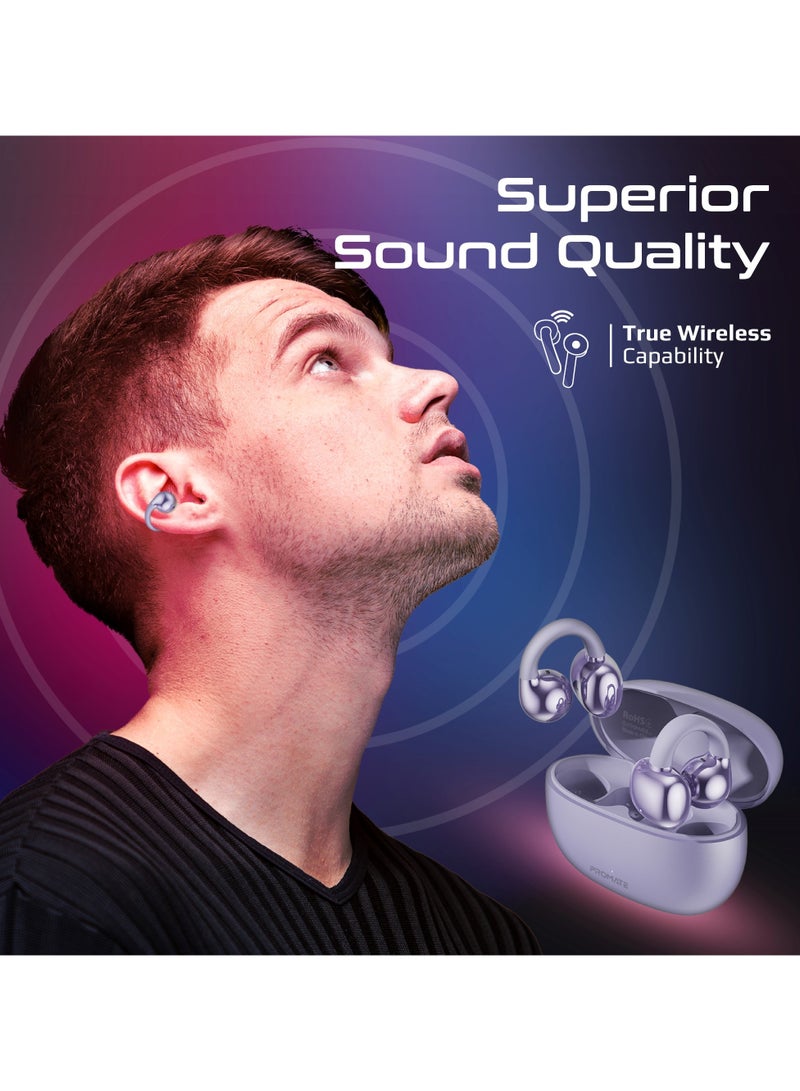PROMATE Promate True Wireless Earbuds with OWS Technology, Touch Control, Ergonomic Open-Ear Clip Design, 28-Hour Playtime, 500mAh Charging Case, IPX4 Water-Resistance Purple  - Image 5
