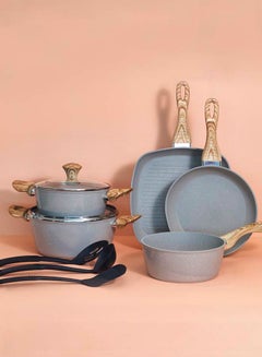 Noon East 10-Piece Cookware Set Aluminum Pots And Pans Non-Stick Surface Wood Finish Handles Tempered Glass Lids PFOA Free Frying Pan Gray  - Image 1