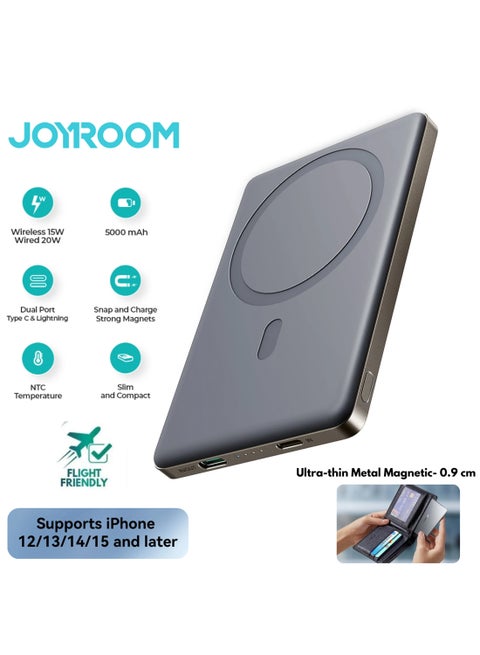 5000 mAh 20W Ultra-thin(0.9cm) Metal Magnetic Wireless TYPE-C input/output Lightning input/output Power Bank Fast Charging Magnetic Power Bank Wireless Magnet Powerbank Including a Type-C to Type-C 60W 0.25cm Black Cable - Natural Titanium