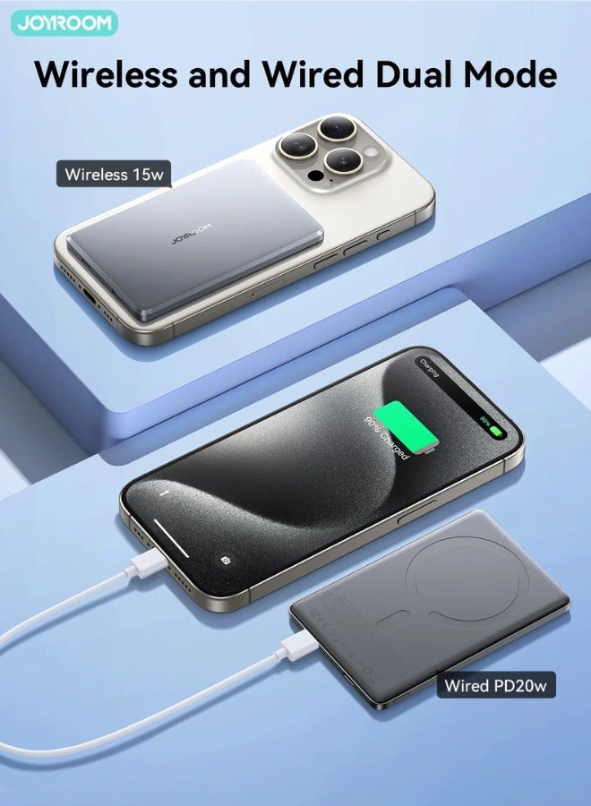 جوي روم - 5000 mAh 20W Ultra-thin(0.9cm) Metal Magnetic Wireless TYPE-C input/output Lighnting input/output Power Bank Fast Charging Magnetic Power Bank Wireless Magnet Powerbank Including a Type-C to Type-C 60W  0.25m  Black Cable Space Grey - Image 1