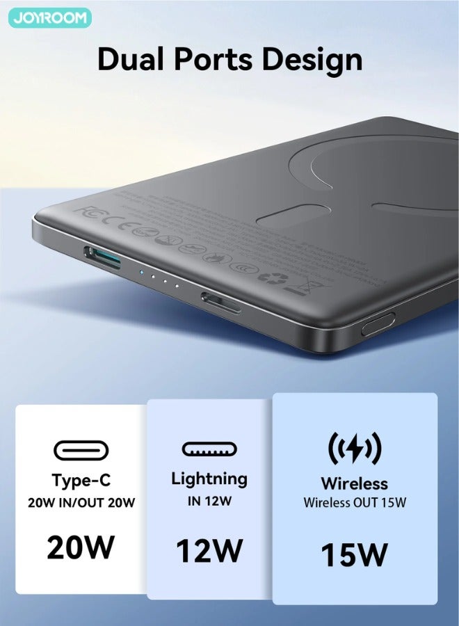 جوي روم 5000 mAh 20W Ultra-thin(0.9cm) Metal Magnetic Wireless TYPE-C input/output Lighnting input/output Power Bank Fast Charging Magnetic Power Bank Wireless Magnet Powerbank Including a Type-C to Type-C 60W  0.25m  Black Cable Space Grey  - Image 5