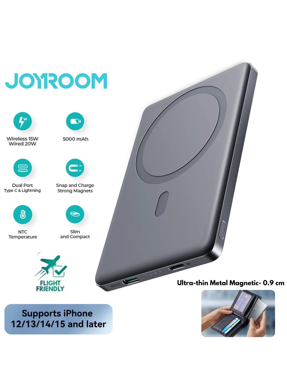 JOYROOM 5000 mAh 20W Ultra-thin(0.9cm) Metal Magnetic Wireless TYPE-C input/output Lighnting input/output Power Bank Fast Charging Magnetic Power Bank Wireless Magnet Powerbank Including a Type-C to Type-C 60W  0.25m  Black Cable Space Grey 