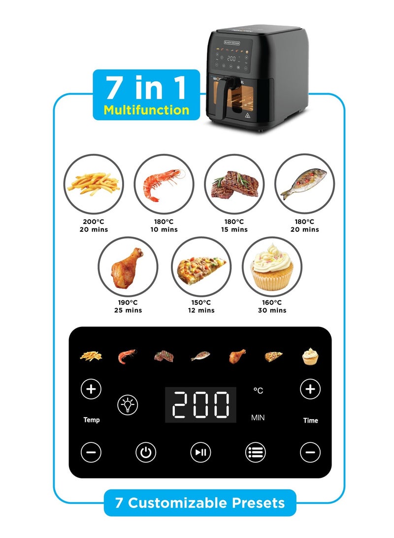 BLACK+DECKER - Air Fryer, 1700W, 8L Large Capacity, Digital Touch Control, 7 Preset Functions, Adjustable Temperature 80-200°C & Timer, Rapid Air Convection, Removable Crisper Plate 8 L 1700 W SAF80W-B5 Black - Image 1