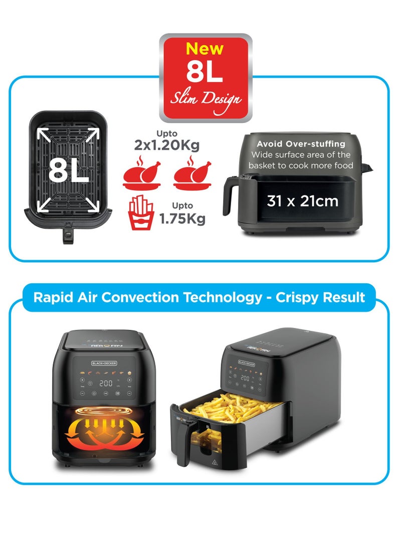 BLACK+DECKER - Air Fryer, 1700W, 8L Large Capacity, Digital Touch Control, 7 Preset Functions, Adjustable Temperature 80-200°C & Timer, Rapid Air Convection, Removable Crisper Plate 8 L 1700 W SAF80W-B5 Black - Image 1