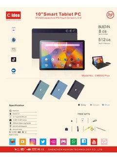 C idea 10-Inch Smart Android Tablet PC Dual SIM 5G LTE Network 8GB RAM and 512GB ROM WiFi Wireless Keyboard/Mouse/Protective Cover Zoom/TikTok Supported (Blue)  - Image 4