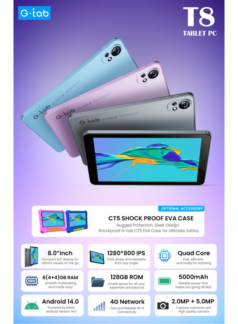 G-Tab T8 Tablet/8.0 Inches/T310 2.0GHz Processor/4 GB RAM/Expandable 4GB RAM /IPS 80081280 Resolution/5000 mAH Battery/128 GB ROM/Androud 14/ Single SIM/2MP  front + 5 MP Rear Camera - Image 2