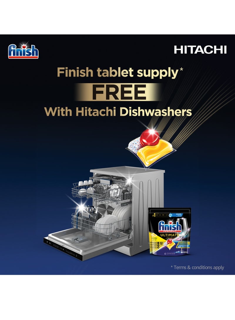 هيتاشي Hitachi Dishwasher Freestanding, 15 Place Setting, 8-Programs, Silent Dishwasher + ( FREE)  Finish Powerball Ultimate All-in-1 Lemon Sparkle Dishwasher Tablets For Clean and Shine-HDFF158CVX-FINISH HDFF158CVX Grey - Image 2