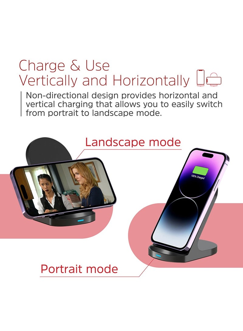 Energizer Wireless Charging Stand, 15W for Qi Compatible Devices, Fast Charging, Dual Coil, Tray feature,Vertical and Horizontal Charging, Safe Black - Image 2