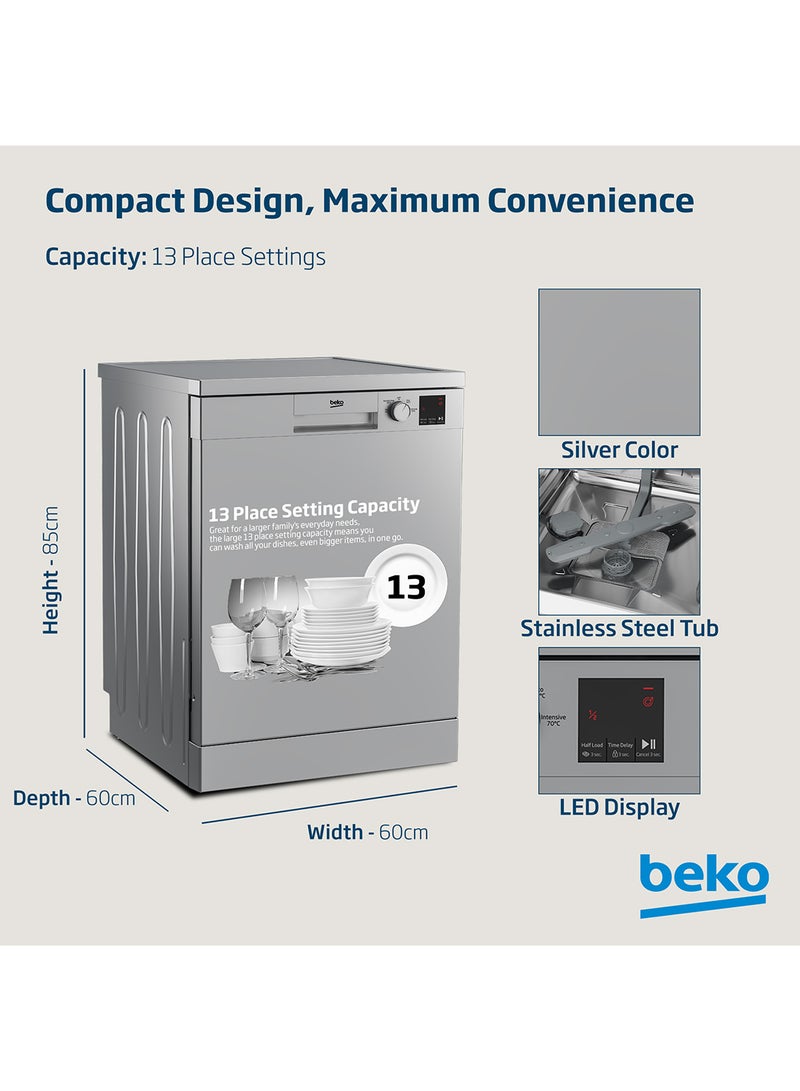 Beko - Freestanding Dishwasher 13 Place Settings, 4 Programmes, 2 Racks, A++ Energy Rating, Quiet Operation (49 dBA), Sliding Cutlery Basket, Mini programme, Half-load, Efficient Cleaning, Stainless Steel Tub, Time Delay and Child Lock 2100 W DVN04X20S Silver - Image 1