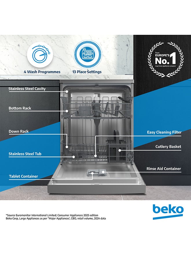 Beko Freestanding Dishwasher 13 Place Settings, 4 Programmes, 2 Racks, A++ Energy Rating, Quiet Operation (49 dBA), Sliding Cutlery Basket, Mini programme, Half-load, Efficient Cleaning, Stainless Steel Tub, Time Delay and Child Lock 2100 W DVN04X20S Silver  - Image 2