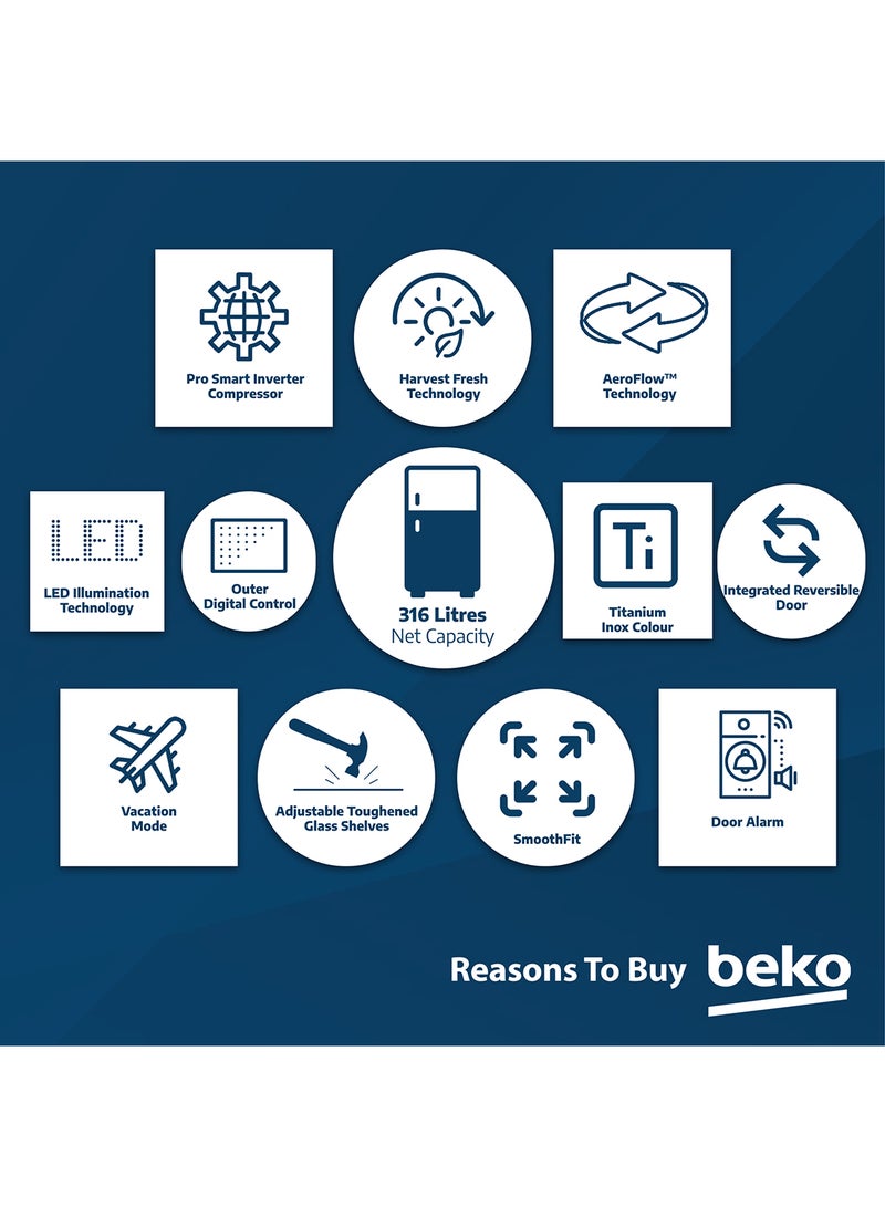 Beko - Refrigerator 366 Liters Gross(316 Net) Capacity, Double Door, Bottom Mount, No Frost, Harvest Fresh Technology, NeoFrost Dual Cooling, Low Noise, 10 Years Warranty on ProSmart Inverter Compressor 90 W RDNE400CS Titanium Inox - Image 1
