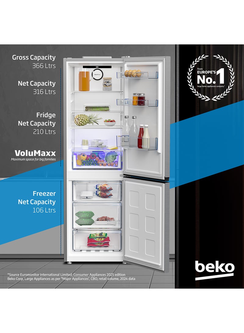 Beko - Refrigerator 366 Liters Gross(316 Net) Capacity, Double Door, Bottom Mount, No Frost, Harvest Fresh Technology, NeoFrost Dual Cooling, Low Noise, 10 Years Warranty on ProSmart Inverter Compressor 90 W RDNE400CS Titanium Inox - Image 1
