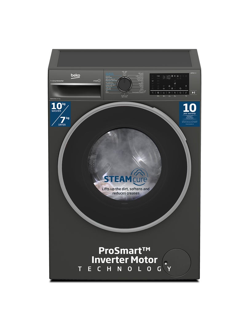 Beko 10/7 kg Washer/Dryer, 1400 RPM, 15 Programmes, Low Noise, Wash & Wear Programme, SteamCure Wash, Hygiene+ Wash & Dry, Quick wash 14/28 Minutes, 10 Years Warranty on ProSmart Inverter Motor WD10714M Manhattan Grey  - Image 1
