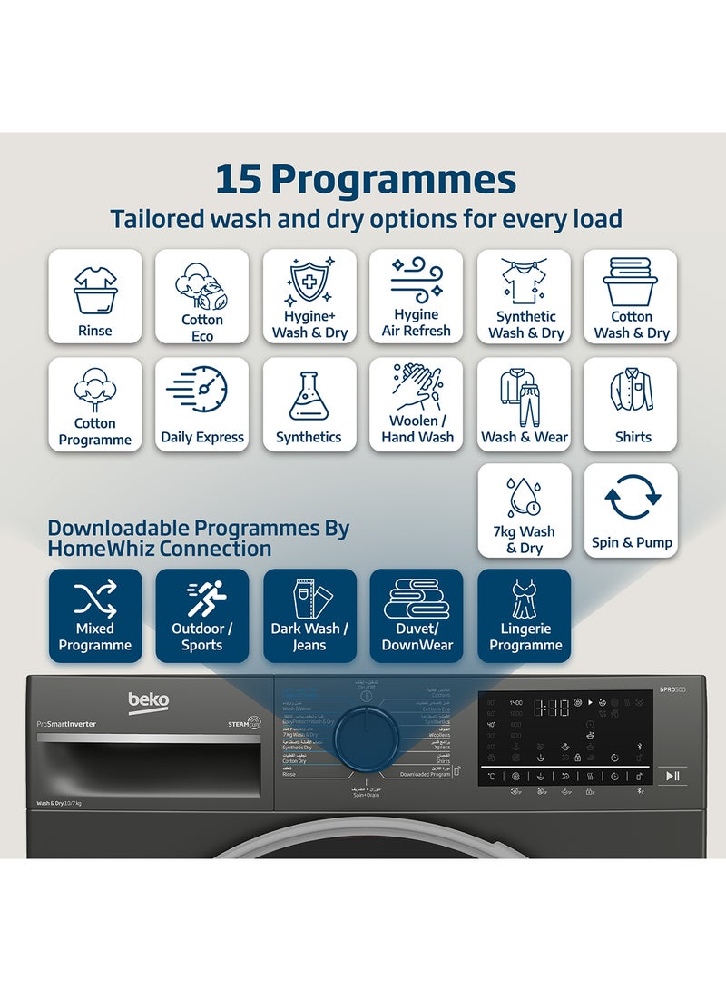 Beko 10/7 kg Washer/Dryer, 1400 RPM, 15 Programmes, Low Noise, Wash & Wear Programme, SteamCure Wash, Hygiene+ Wash & Dry, Quick wash 14/28 Minutes, 10 Years Warranty on ProSmart Inverter Motor WD10714M Manhattan Grey  - Image 3