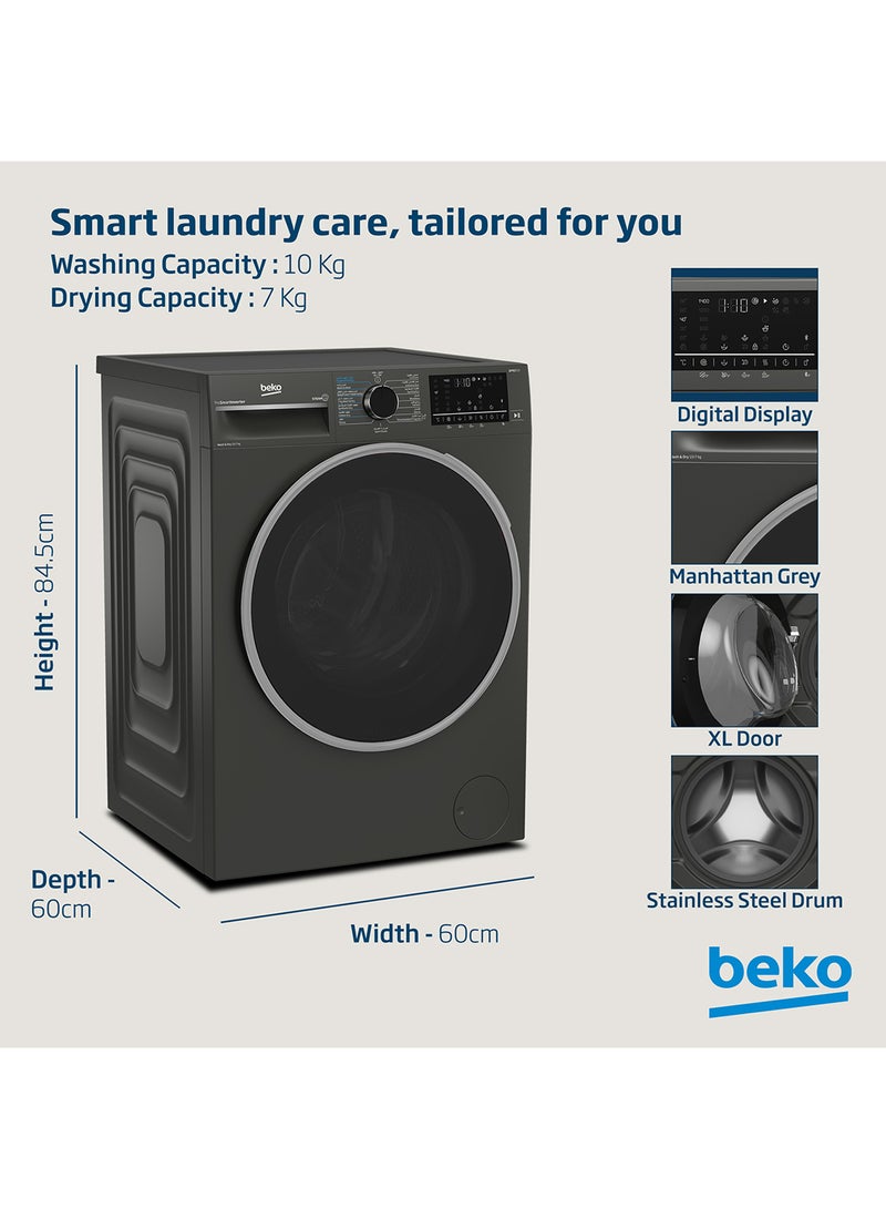 Beko 10/7 kg Washer/Dryer, 1400 RPM, 15 Programmes, Low Noise, Wash & Wear Programme, SteamCure Wash, Hygiene+ Wash & Dry, Quick wash 14/28 Minutes, 10 Years Warranty on ProSmart Inverter Motor WD10714M Manhattan Grey  - Image 4
