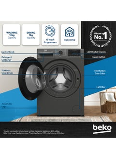 Beko 10/7 kg Washer/Dryer, 1400 RPM, 15 Programmes, Low Noise, Wash & Wear Programme, SteamCure Wash, Hygiene+ Wash & Dry, Quick wash 14/28 Minutes, 10 Years Warranty on ProSmart Inverter Motor WD10714M Manhattan Grey  - Image 2