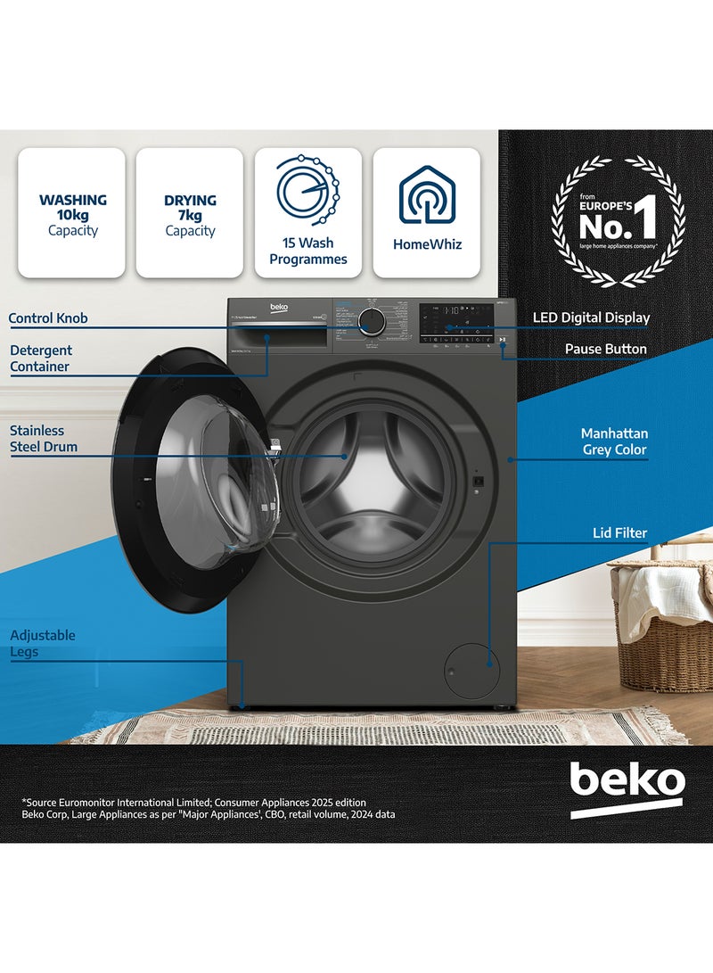 Beko 10/7 kg Washer/Dryer, 1400 RPM, 15 Programmes, Low Noise, Wash & Wear Programme, SteamCure Wash, Hygiene+ Wash & Dry, Quick wash 14/28 Minutes, 10 Years Warranty on ProSmart Inverter Motor WD10714M Manhattan Grey  - Image 2