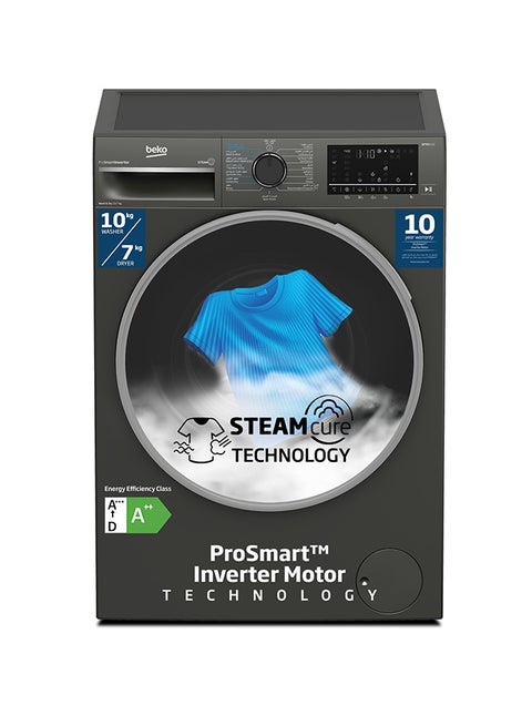 10/7 kg Washer/Dryer, 1400 RPM, 15 Programmes, Low Noise, Wash & Wear Programme, SteamCure Wash, Hygiene+ Wash & Dry, Quick wash 14/28 Minutes, 10 Years Warranty on ProSmart Inverter Motor WD10714M Manhattan Grey