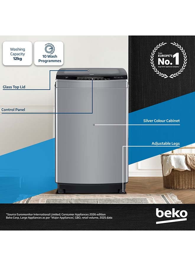 بيكو غسالة ملابس تحميل علوي سعة 12 كجم، 10 برامج، ضوضاء منخفضة، درج مسحوق متقدم مع موزع منعم، تجفيف هوائي، أسطوانة من الفولاذ المقاوم للصدأ - Image 2