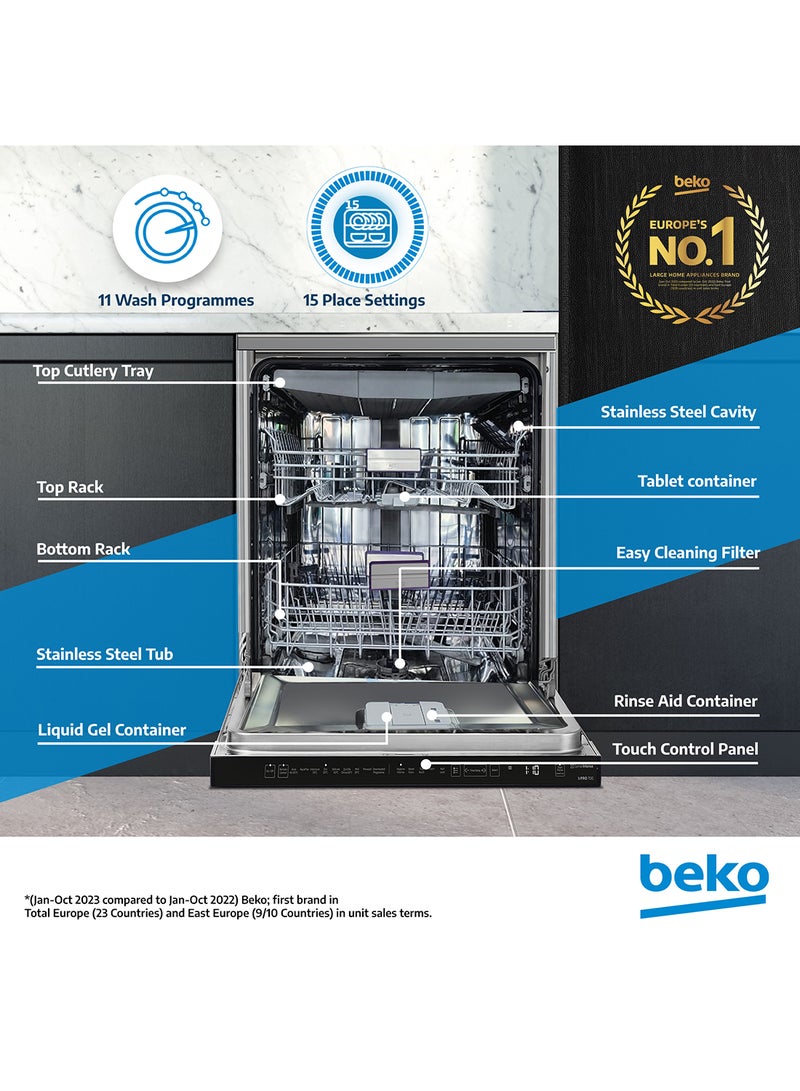 Beko Freestanding Dishwasher 15 Place Settings, 11 Programs, 3 Racks, A++ Energy Rating, Quiet Operation (43 dBA), Sliding Cutlery Tray, Stainless Steel Tub, Cornor intense, Autodose , Autodoor open for drying, Time Delay and Child Lock, 10 Years Warranty on ProSmart Inverter Motor 2100 W BDEN38533GC Manhattan Grey  - Image 2