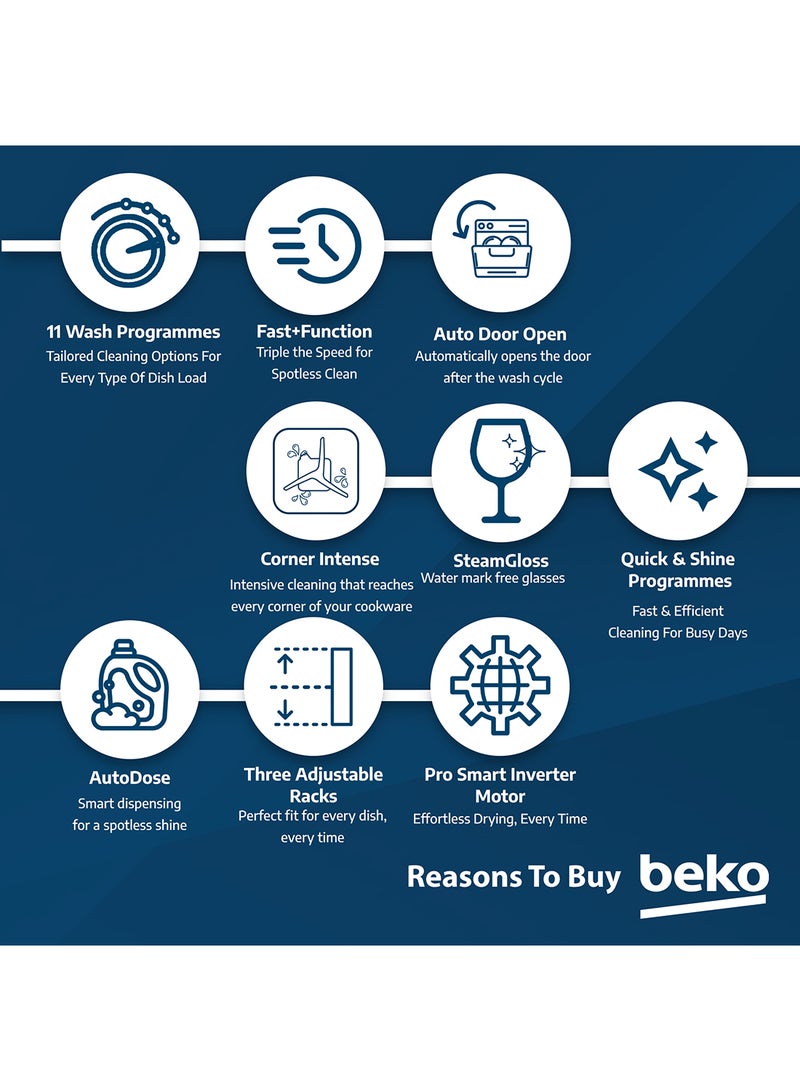 Beko Freestanding Dishwasher 15 Place Settings, 11 Programs, 3 Racks, A++ Energy Rating, Quiet Operation (43 dBA), Sliding Cutlery Tray, Stainless Steel Tub, Cornor intense, Autodose , Autodoor open for drying, Time Delay and Child Lock, 10 Years Warranty on ProSmart Inverter Motor 2100 W BDEN38533GC Manhattan Grey  - Image 5