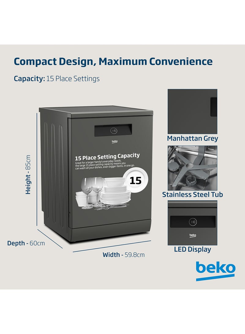 Beko Freestanding Dishwasher 15 Place Settings, 11 Programs, 3 Racks, A++ Energy Rating, Quiet Operation (43 dBA), Sliding Cutlery Tray, Stainless Steel Tub, Cornor intense, Autodose , Autodoor open for drying, Time Delay and Child Lock, 10 Years Warranty on ProSmart Inverter Motor 2100 W BDEN38533GC Manhattan Grey  - Image 4