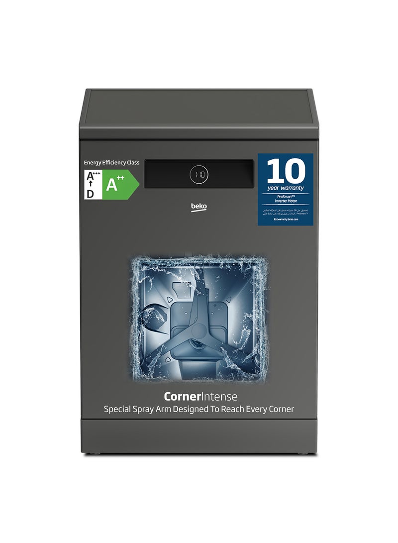 Beko Freestanding Dishwasher 15 Place Settings, 11 Programs, 3 Racks, A++ Energy Rating, Quiet Operation (43 dBA), Sliding Cutlery Tray, Stainless Steel Tub, Cornor intense, Autodose , Autodoor open for drying, Time Delay and Child Lock, 10 Years Warranty on ProSmart Inverter Motor 2100 W BDEN38533GC Manhattan Grey  - Image 1