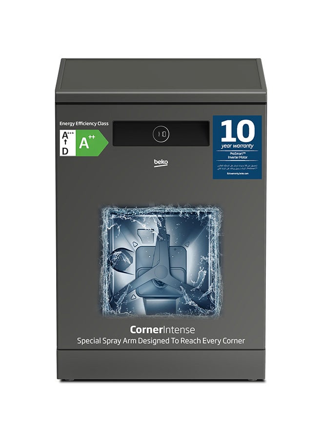 Beko Freestanding Dishwasher 15 Place Settings, 11 Programs, 3 Racks, A++ Energy Rating, Quiet Operation (43 dBA), Sliding Cutlery Tray, Stainless Steel Tub, Cornor intense, Autodose , Autodoor open for drying, Time Delay and Child Lock, 10 Years Warranty on ProSmart Inverter Motor 2100 W BDEN38533GC Manhattan Grey  - Image 1