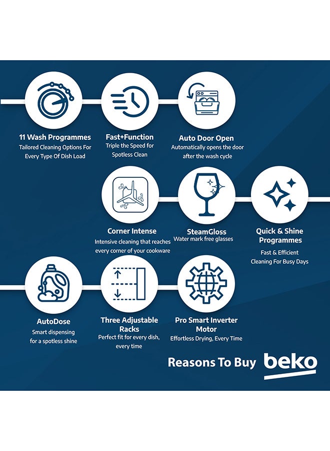 Beko Freestanding Dishwasher 15 Place Settings, 11 Programs, 3 Racks, A++ Energy Rating, Quiet Operation (43 dBA), Sliding Cutlery Tray, Stainless Steel Tub, Cornor intense, Autodose , Autodoor open for drying, Time Delay and Child Lock, 10 Years Warranty on ProSmart Inverter Motor 2100 W BDEN38533GC Manhattan Grey  - Image 5