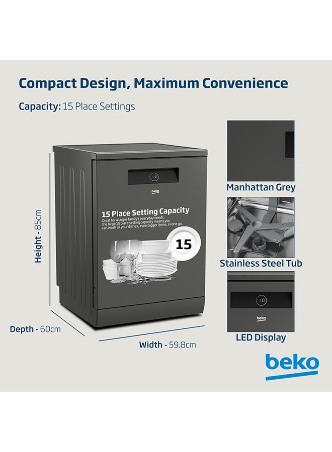 Beko Freestanding Dishwasher 15 Place Settings, 11 Programs, 3 Racks, A++ Energy Rating, Quiet Operation (43 dBA), Sliding Cutlery Tray, Stainless Steel Tub, Cornor intense, Autodose , Autodoor open for drying, Time Delay and Child Lock, 10 Years Warranty on ProSmart Inverter Motor 2100 W BDEN38533GC Manhattan Grey  - Image 4