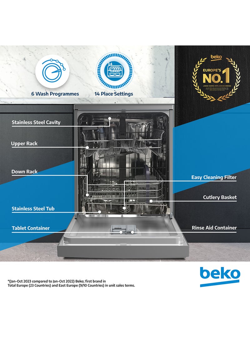 Beko Freestanding Dishwasher 14 Place Settings, 6 Programmes, 2 Racks, A++ Energy Rating, Quiet Operation (46 dBA), Sliding Cutlery Basket, Mini programme, Half-load, Stainless Steel Tub, Aquaintense, Time Delay and Child Lock, 10 Years Warranty on ProSmart Inverter Motor 2100 W BDFN36422SQ Silver  - Image 2