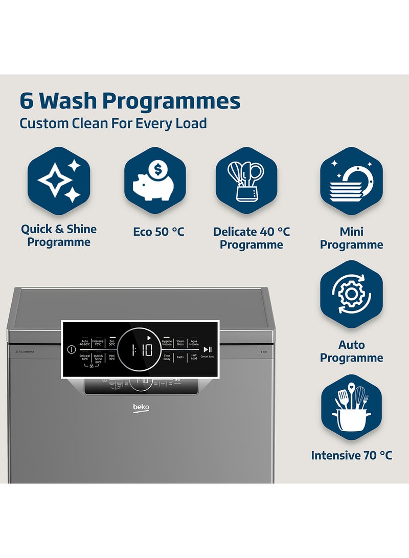 Beko Freestanding Dishwasher 14 Place Settings, 6 Programmes, 2 Racks, A++ Energy Rating, Quiet Operation (46 dBA), Sliding Cutlery Basket, Mini programme, Half-load, Stainless Steel Tub, Aquaintense, Time Delay and Child Lock, 10 Years Warranty on ProSmart Inverter Motor 2100 W BDFN36422SQ Silver  - Image 3