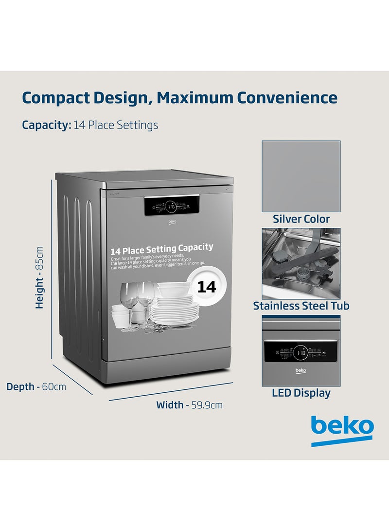 Beko Freestanding Dishwasher 14 Place Settings, 6 Programmes, 2 Racks, A++ Energy Rating, Quiet Operation (46 dBA), Sliding Cutlery Basket, Mini programme, Half-load, Stainless Steel Tub, Aquaintense, Time Delay and Child Lock, 10 Years Warranty on ProSmart Inverter Motor 2100 W BDFN36422SQ Silver  - Image 4