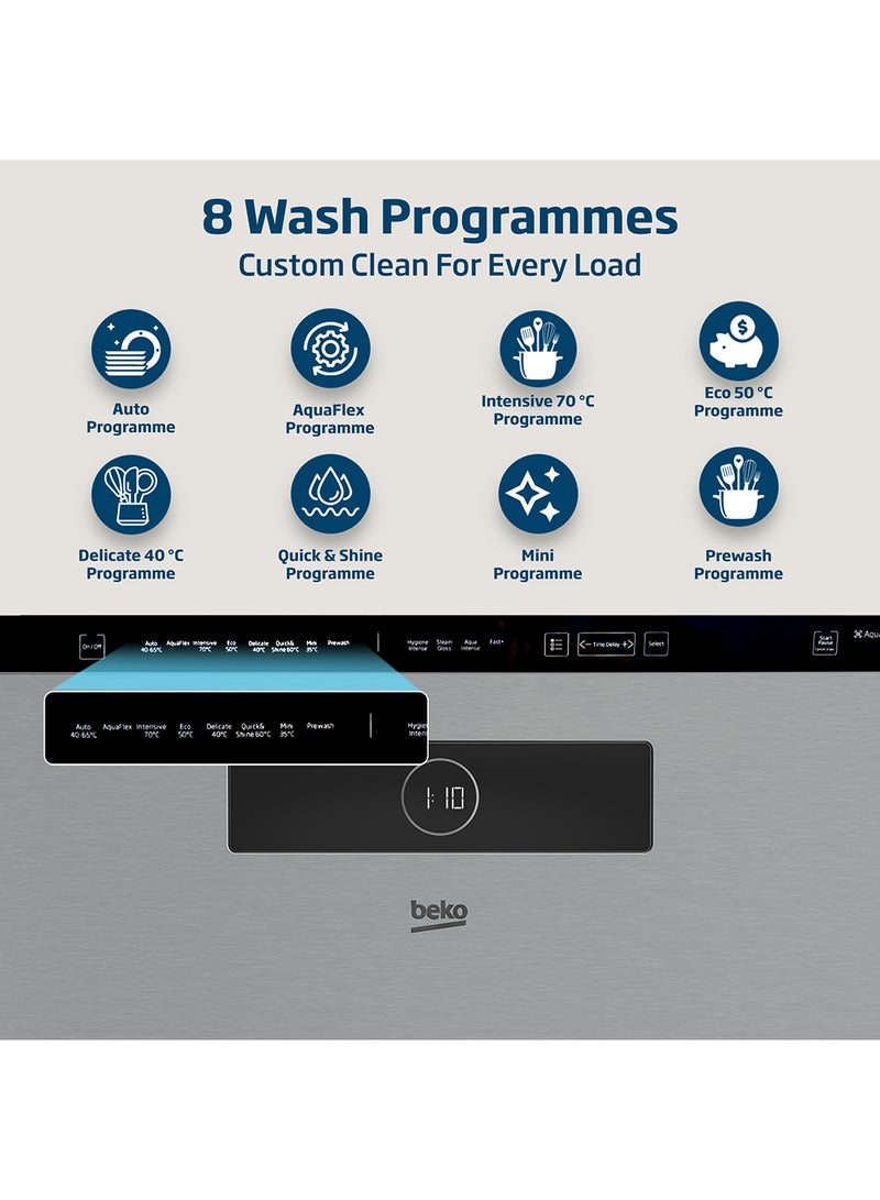 Beko - Freestanding Dishwasher 15 Place Settings, 8 Programmes, 3 Racks, A++ Energy Rating, Quiet Operation (44 dBA), Sliding Cutlery Tray, Mini programme, Half-load, Stainless Steel Tub, Aquaintense, Time Delay and Child Lock, 10 Years Warranty on ProSmart Inverter Motor BDEN38523XQ Stainless Steel - Image 1