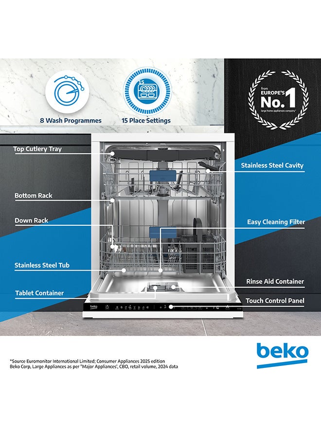 Beko Freestanding Dishwasher 15 Place Settings, 8 Programmes, 3 Racks, A++ Energy Rating, Quiet Operation (44 dBA), Sliding Cutlery Tray, Mini programme, Half-load, Stainless Steel Tub, Aquaintense, Time Delay and Child Lock, 10 Years Warranty on ProSmart Inverter Motor BDEN38523XQ Stainless Steel  - Image 2