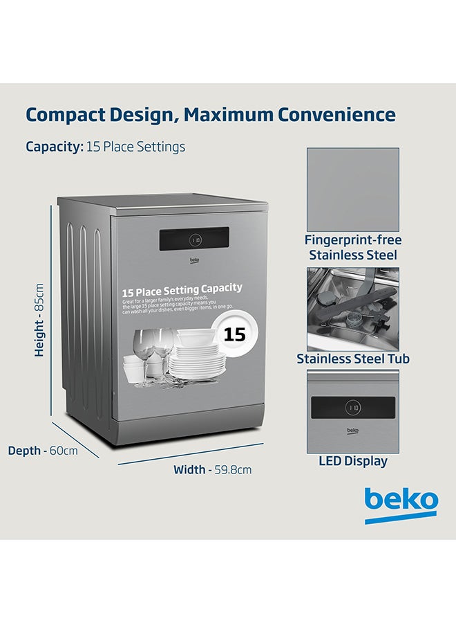 Beko Freestanding Dishwasher 15 Place Settings, 8 Programmes, 3 Racks, A++ Energy Rating, Quiet Operation (44 dBA), Sliding Cutlery Tray, Mini programme, Half-load, Stainless Steel Tub, Aquaintense, Time Delay and Child Lock, 10 Years Warranty on ProSmart Inverter Motor BDEN38523XQ Stainless Steel  - Image 4
