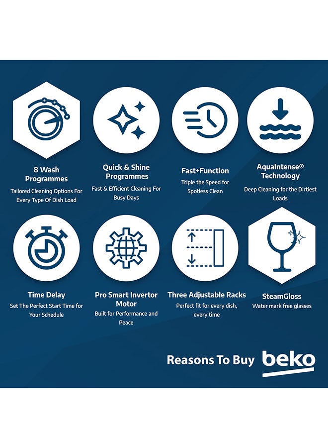 Beko Freestanding Dishwasher 15 Place Settings, 8 Programmes, 3 Racks, A++ Energy Rating, Quiet Operation (44 dBA), Sliding Cutlery Tray, Mini programme, Half-load, Stainless Steel Tub, Aquaintense, Time Delay and Child Lock, 10 Years Warranty on ProSmart Inverter Motor BDEN38523XQ Stainless Steel  - Image 5