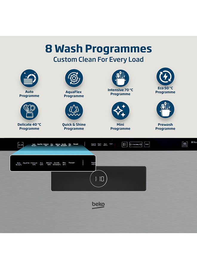 Beko Freestanding Dishwasher 15 Place Settings, 8 Programmes, 3 Racks, A++ Energy Rating, Quiet Operation (44 dBA), Sliding Cutlery Tray, Mini programme, Half-load, Stainless Steel Tub, Aquaintense, Time Delay and Child Lock, 10 Years Warranty on ProSmart Inverter Motor BDEN38523XQ Stainless Steel  - Image 3