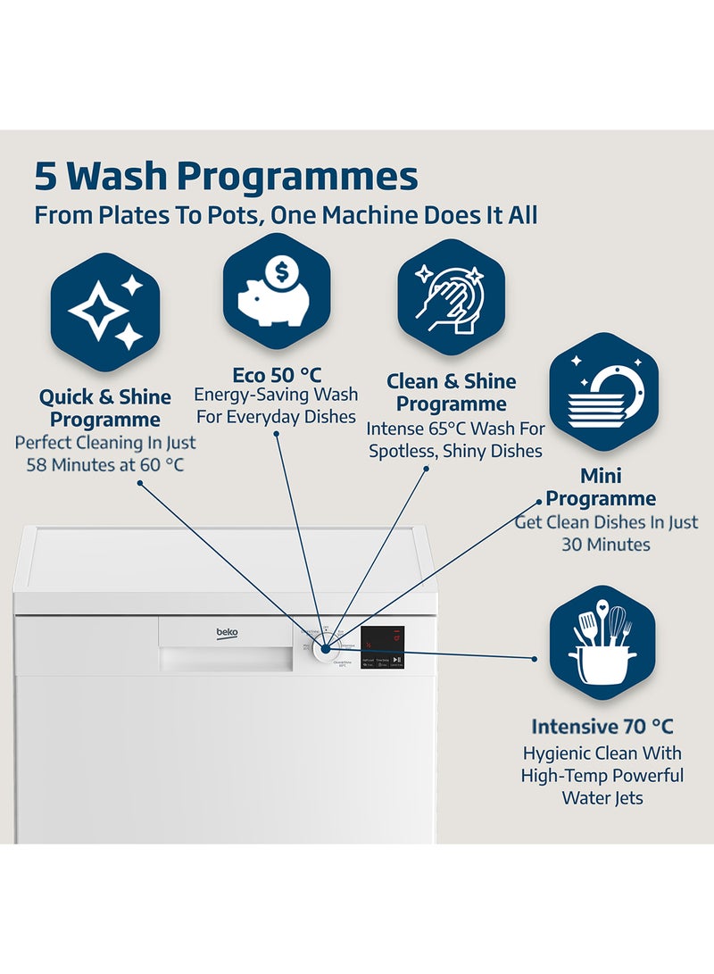 Beko Freestanding Dishwasher 13 Place Settings, 5 Programs, 2 Racks,  A++ Energy Rating, Quiet Operation (49 dBA), Sliding Cutlery Basket, Mini programme, Half-load, Efficient Cleaning, Stainless Steel Tub, Time Delay and Child Lock, ‎(White Colour) DVN05320W White  - Image 3