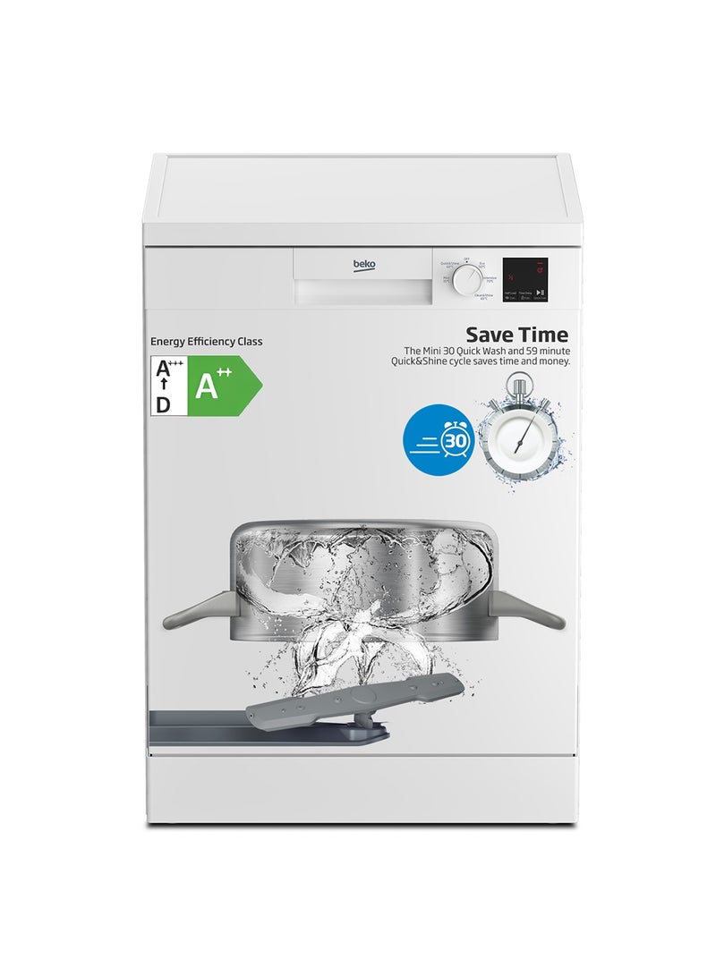 Beko Freestanding Dishwasher 13 Place Settings, 5 Programs, 2 Racks,  A++ Energy Rating, Quiet Operation (49 dBA), Sliding Cutlery Basket, Mini programme, Half-load, Efficient Cleaning, Stainless Steel Tub, Time Delay and Child Lock, ‎(White Colour) DVN05320W White  - Image 1
