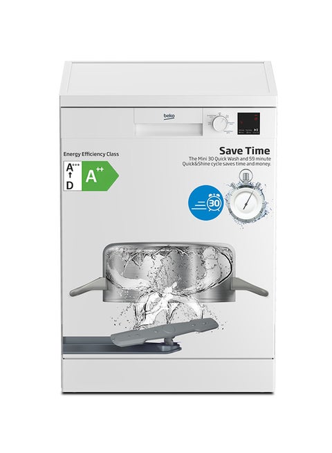 Freestanding Dishwasher 13 Place Settings, 5 Programs, 2 Racks,  A++ Energy Rating, Quiet Operation (49 dBA), Sliding Cutlery Basket, Mini programme, Half-load, Efficient Cleaning, Stainless Steel Tub, Time Delay and Child Lock, ‎(White Colour) DVN05320W White