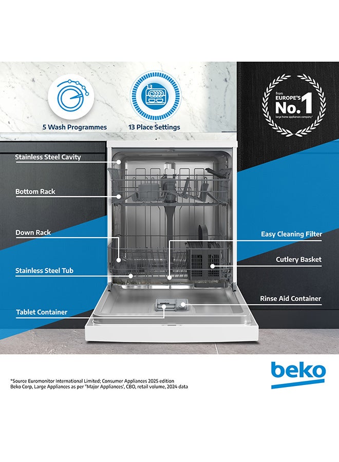 Beko Freestanding Dishwasher 13 Place Settings, 5 Programs, 2 Racks,  A++ Energy Rating, Quiet Operation (49 dBA), Sliding Cutlery Basket, Mini programme, Half-load, Efficient Cleaning, Stainless Steel Tub, Time Delay and Child Lock, ‎(White Colour) DVN05320W White  - Image 2
