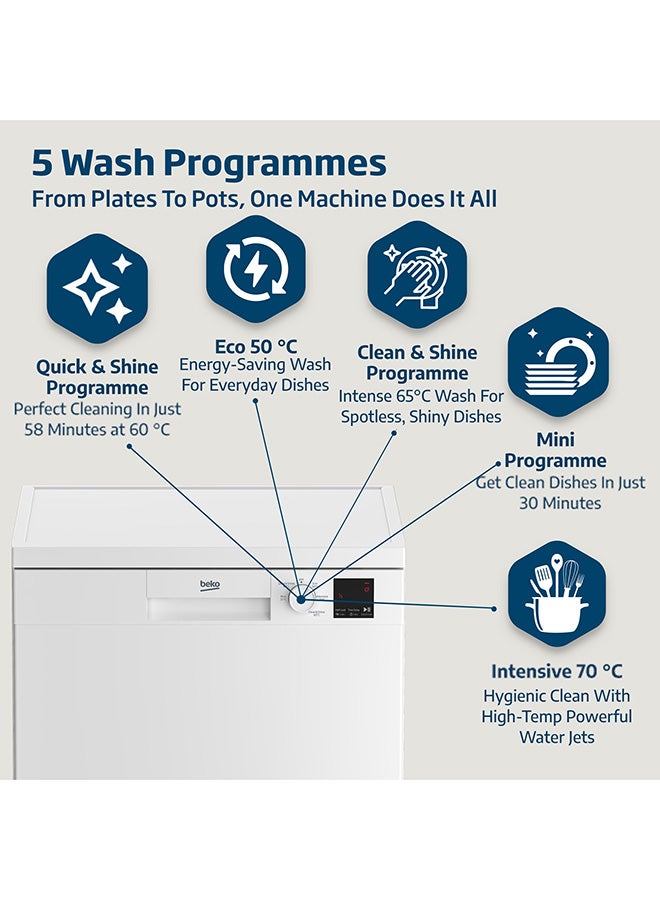 Beko Freestanding Dishwasher 13 Place Settings, 5 Programs, 2 Racks,  A++ Energy Rating, Quiet Operation (49 dBA), Sliding Cutlery Basket, Mini programme, Half-load, Efficient Cleaning, Stainless Steel Tub, Time Delay and Child Lock, ‎(White Colour) DVN05320W White  - Image 3