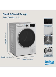 Beko 10 kg Heat Pump Condenser Tumble Dryer with 15 Programmes, Low Noise, A++ Energy Efficiency Class, Iron Finsh Technology (Ready to wear), AquaWave Technology, Optisense Sensor Drying, Reversable Door, ProSmart Inveter Motor 2.45 kW DHP10W White  - Image 4